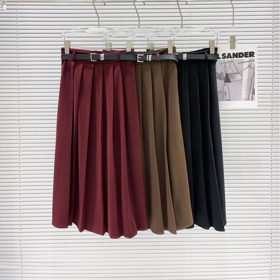 气质半裙纯色休闲高腰中长款半身裙女装韩版复古百褶裙大摆