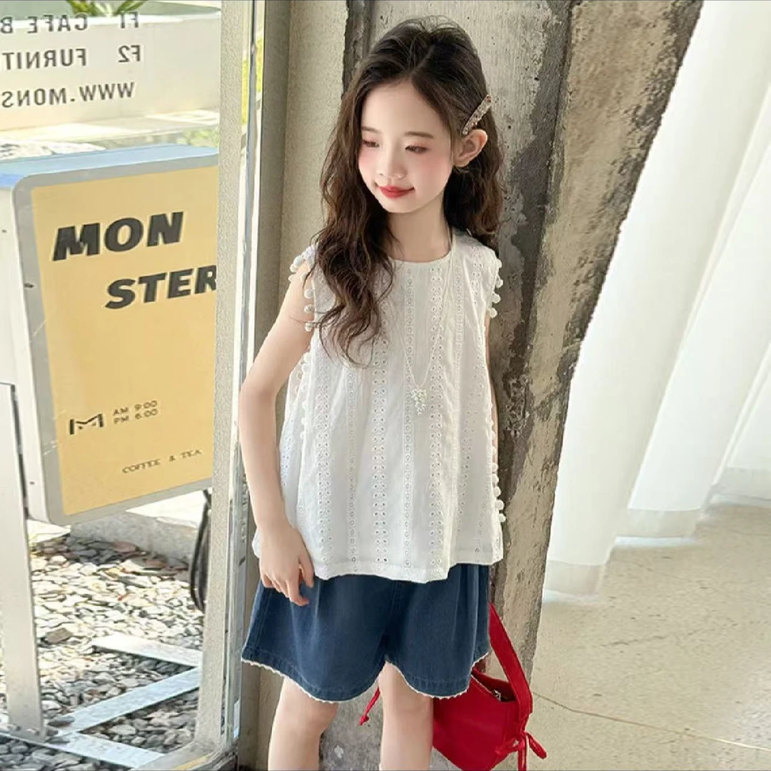 女童夏装无袖背心短裤套装新款洋气薄款儿童镂空娃娃衫上衣两件套