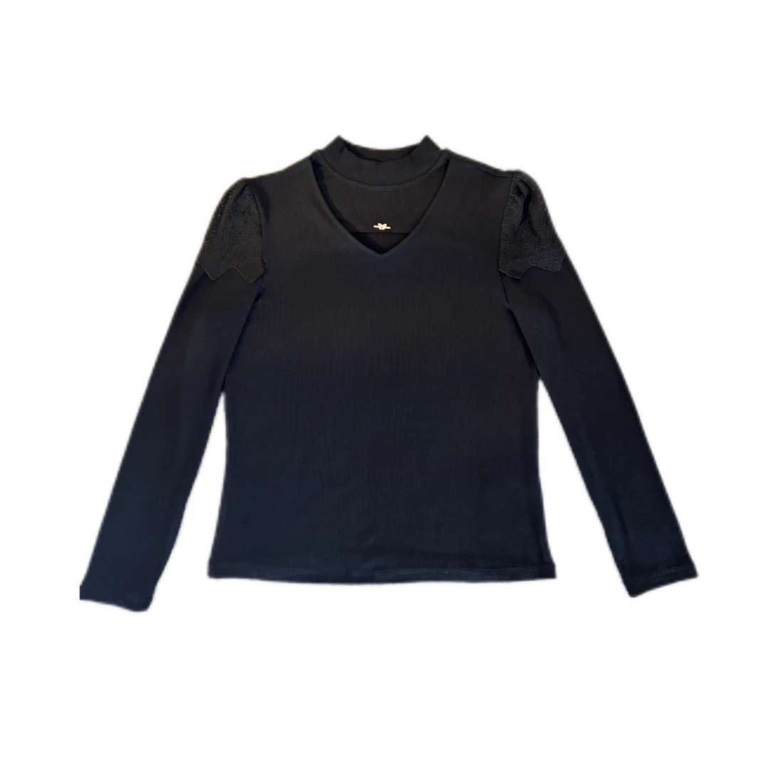 （萱萱推荐）精致设计感拼蕾丝镂空洋气打底上衣6625