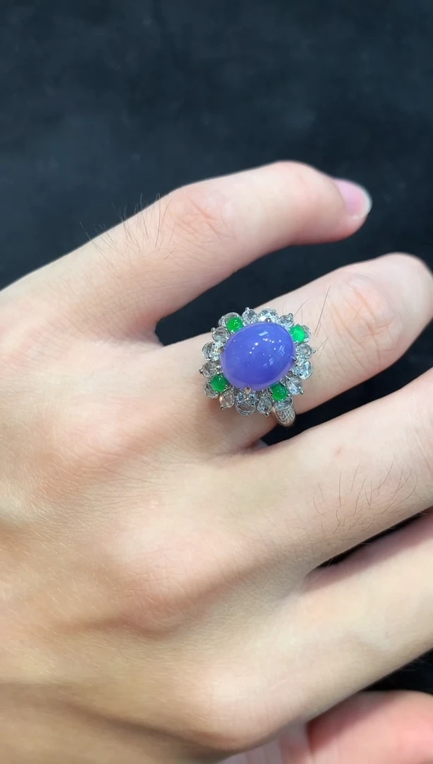 翡翠戒指18K金镶嵌紫罗兰浓紫蛋面戒指