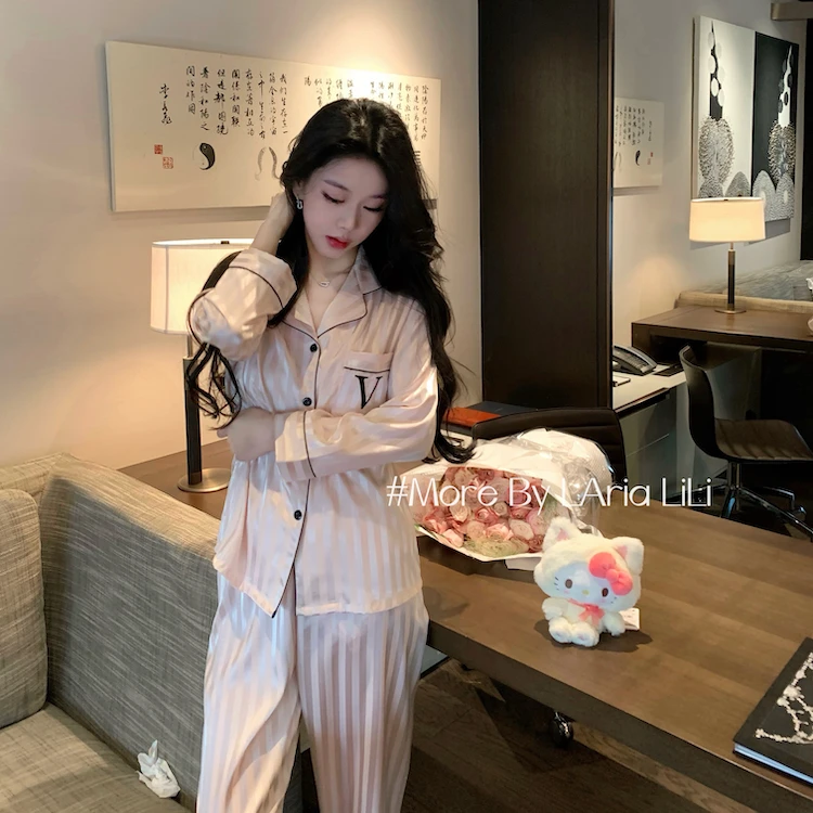 【缎面好面料】【高级感竖条纹提花爱心】春秋长袖套装睡衣简约家居服