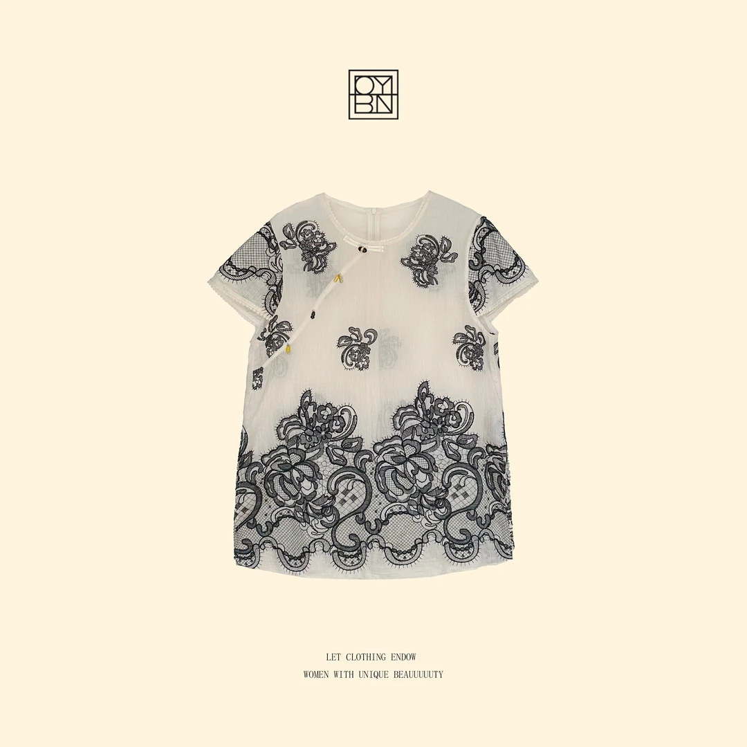 OYBN欧阳贝妮【岁月静好】微胖大码蕾丝拼接刺绣短袖上衣5118