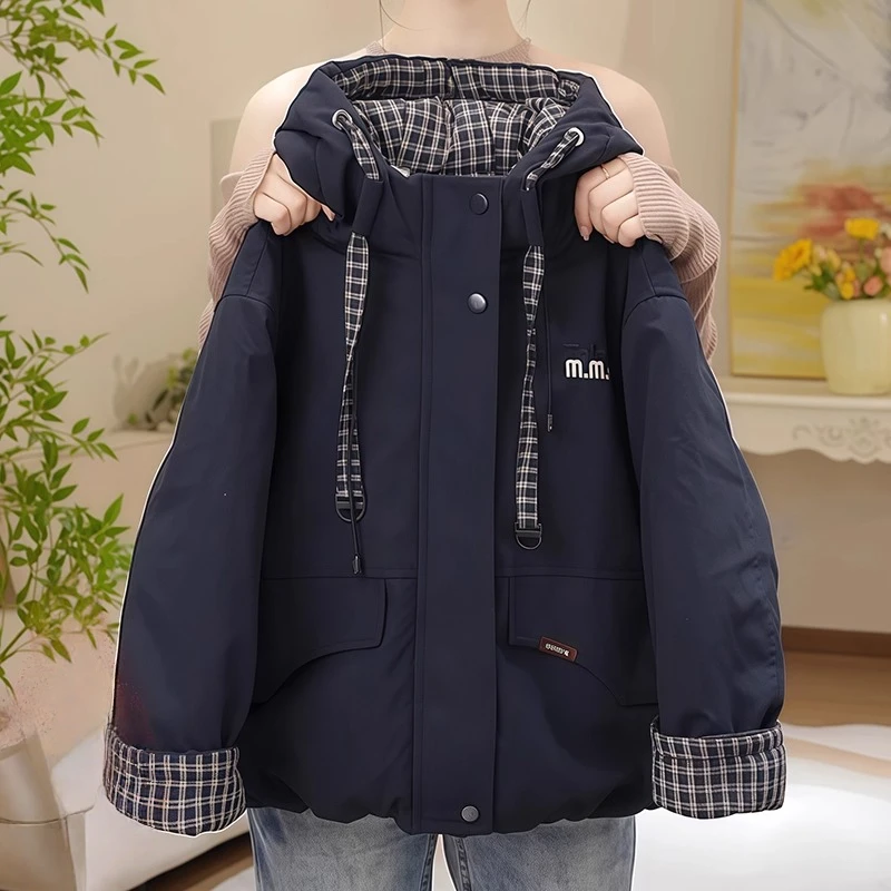 女童加绒棉服秋冬2025新款加厚保暖格子拼接派克服连帽棉袄中学生