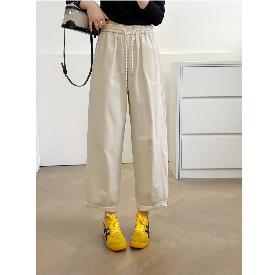 2025夏季新款大码百搭宽松显瘦高腰休闲裤纯色九分薄款窄版阔腿裤