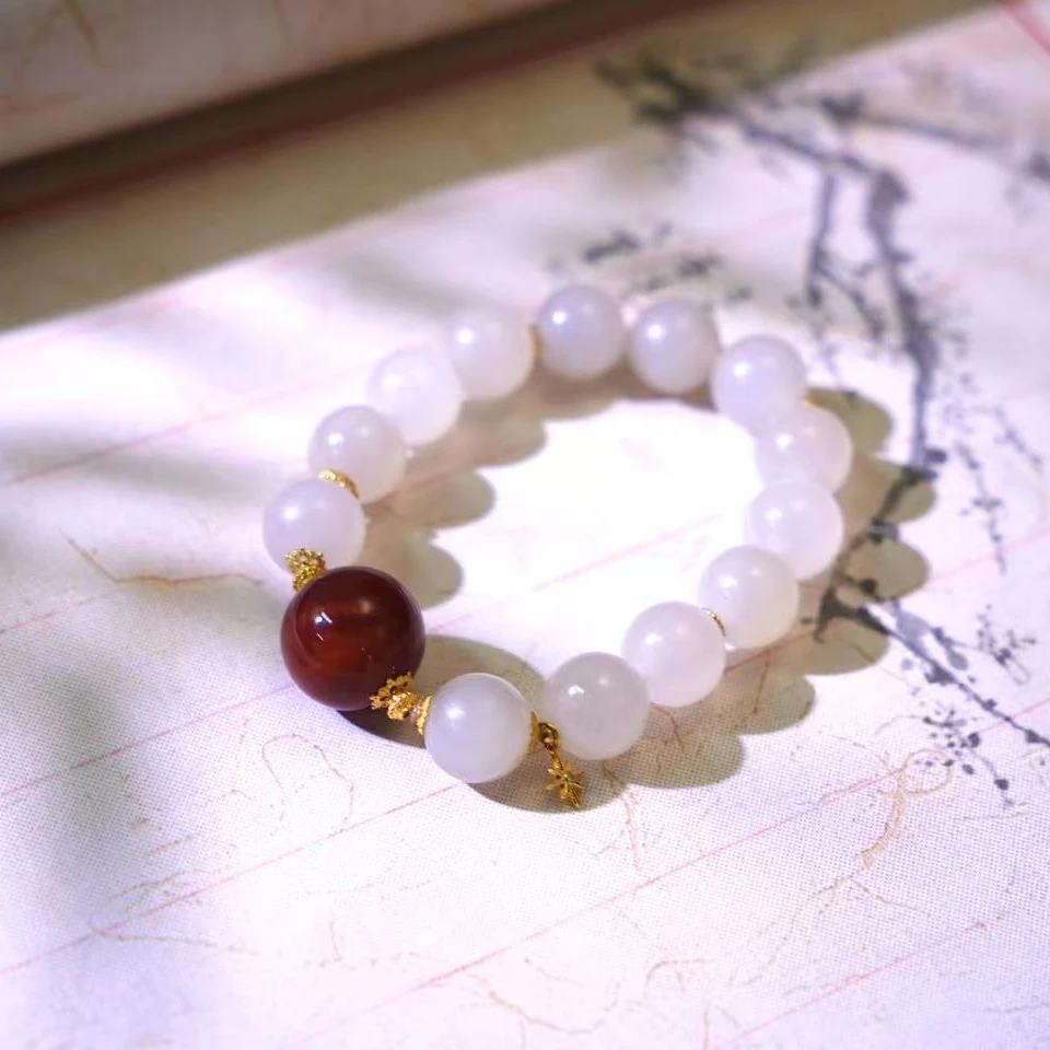 【初霁】和田玉手串藕粉色和田玉18k金镶嵌小中大号可选