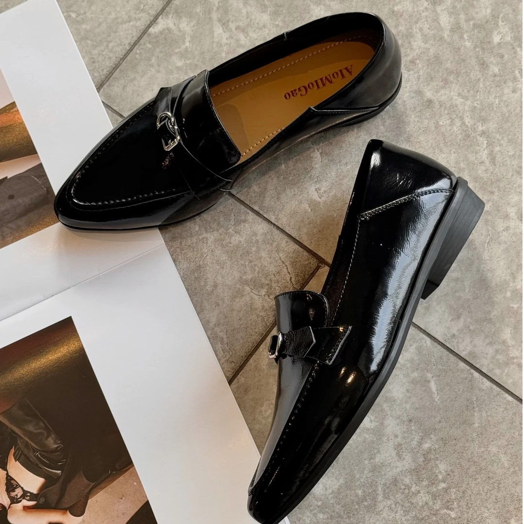 金属皮带搭扣尖头平底乐福鞋优雅设计懒人女鞋001237