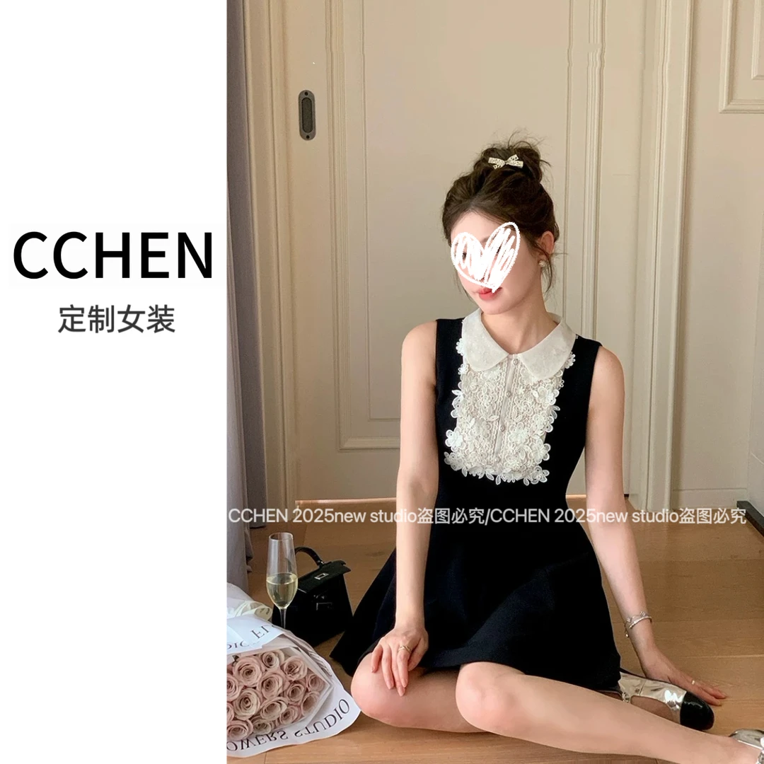 长裙高腰碎花方领吸汗显瘦连衣裙小黑裙女装设计师蕾丝黑色