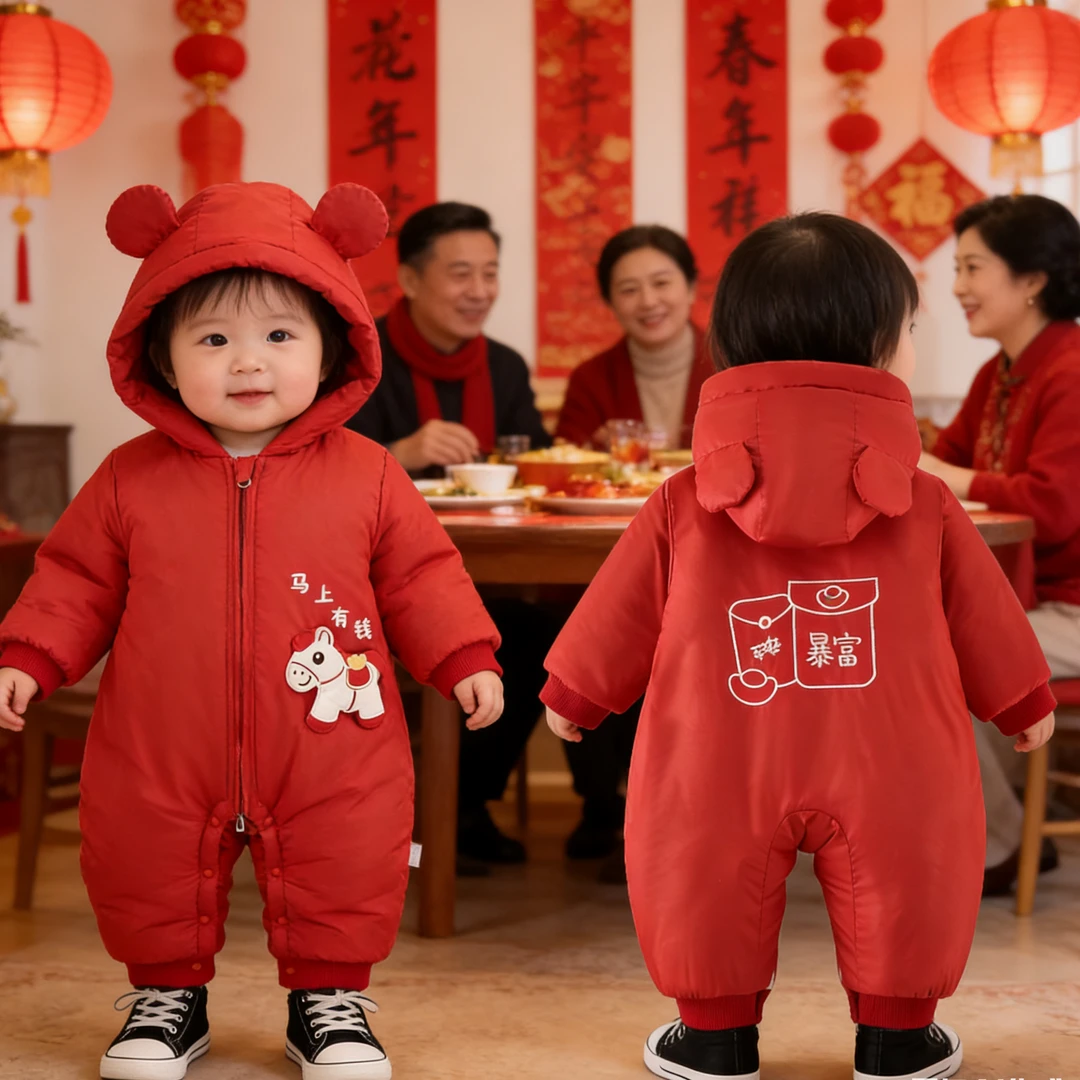 【马上有钱】新年婴儿棉服拜年服年款哈衣男女宝宝冬装爬服连体衣