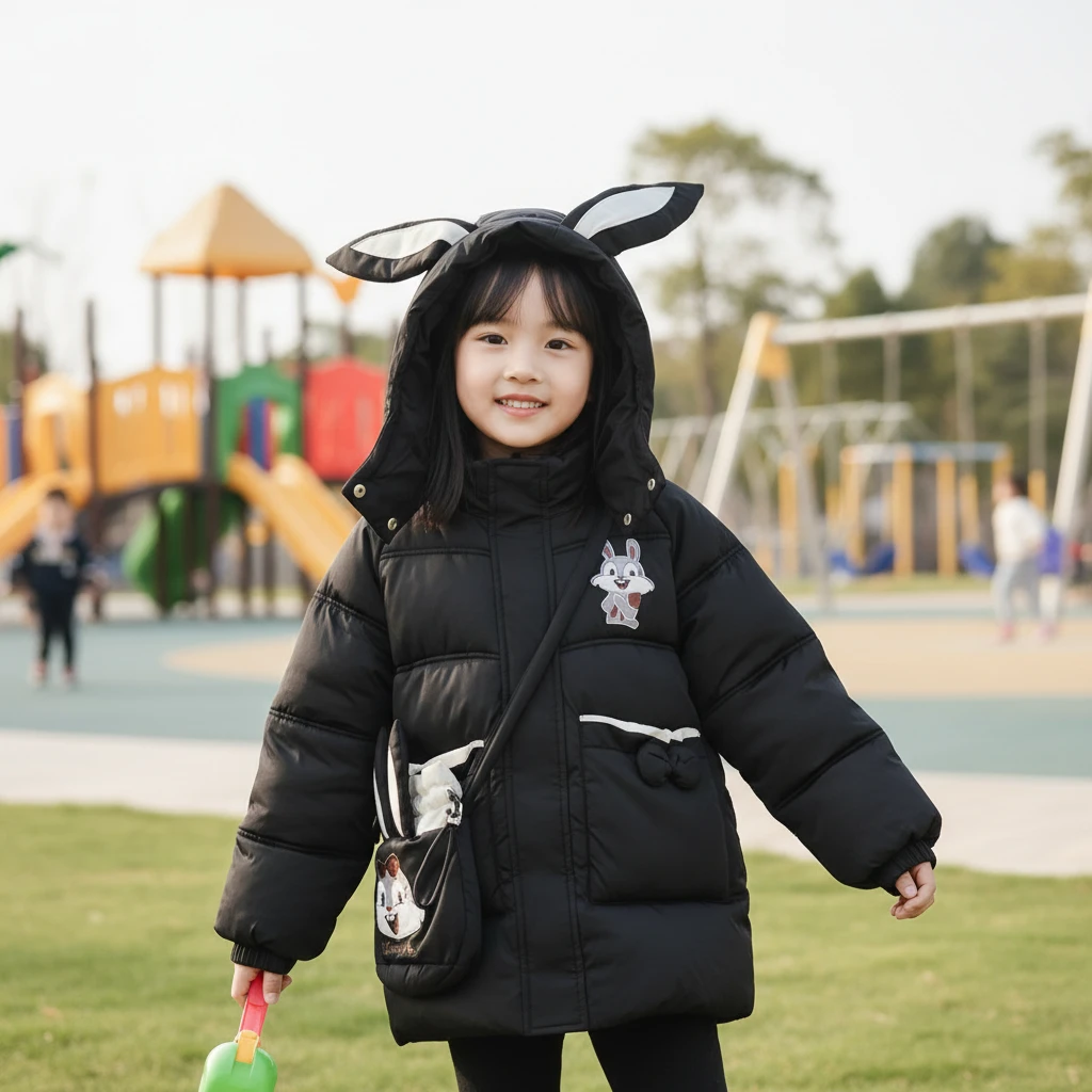 新保暖棉服棉袄大童中长款卡通加绒加厚棉服女童连帽时尚洋气儿童