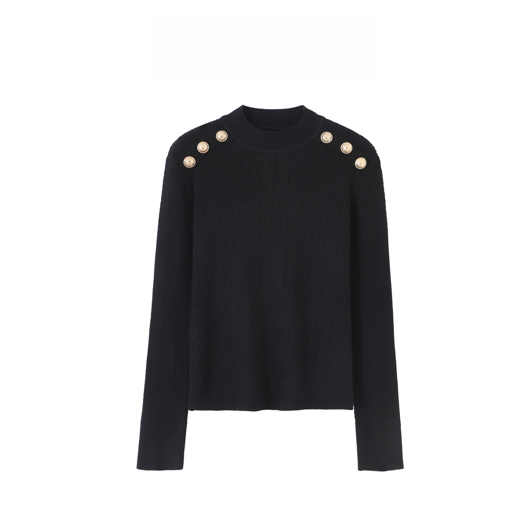 高定款圆领长袖针织衫女秋冬季新款打底衫-2144