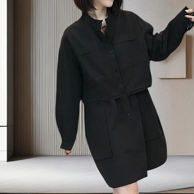 10减龄简约纯色工装连衣裙2025春季新款韩版抽绳系带收腰A字裙