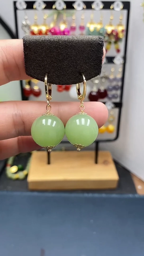 和田玉银S925镀金镶嵌耳饰尺寸16mm耳扣33