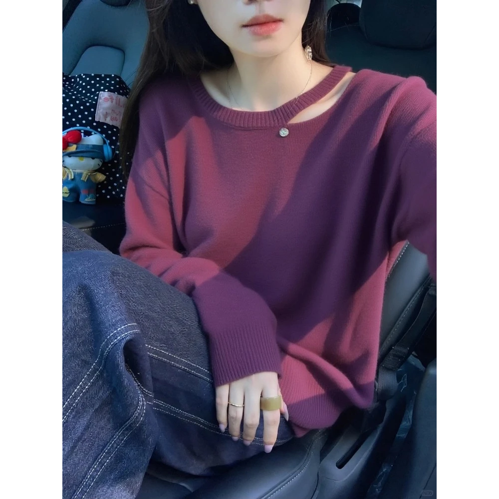 韩系慵懒风松弛感宽松显瘦毛衣上衣紫红色不规则镂空针织衫女秋冬