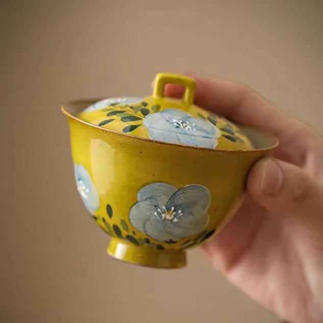 手绘山茶花盖碗茶碗复古功夫茶茶具女士防烫二才泡茶碗陶瓷茶具