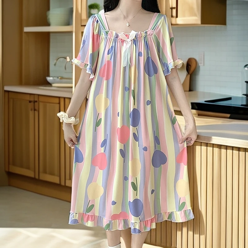 睡衣夏季2024新款胖mm凉感冰丝睡裙大码宽松200-300斤连衣睡衣裙