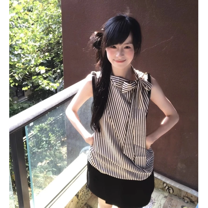 韩系条纹蝴蝶结挂脖无袖上衣女a字包臀半裙套装两件套