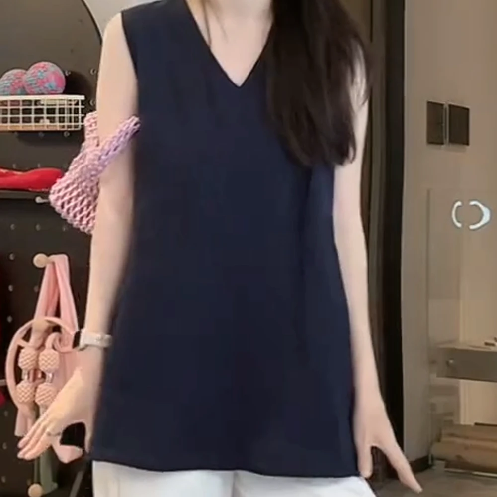 夏季新款V领廓形背心慵懒水洗天丝无袖背心透气运动T恤C5641