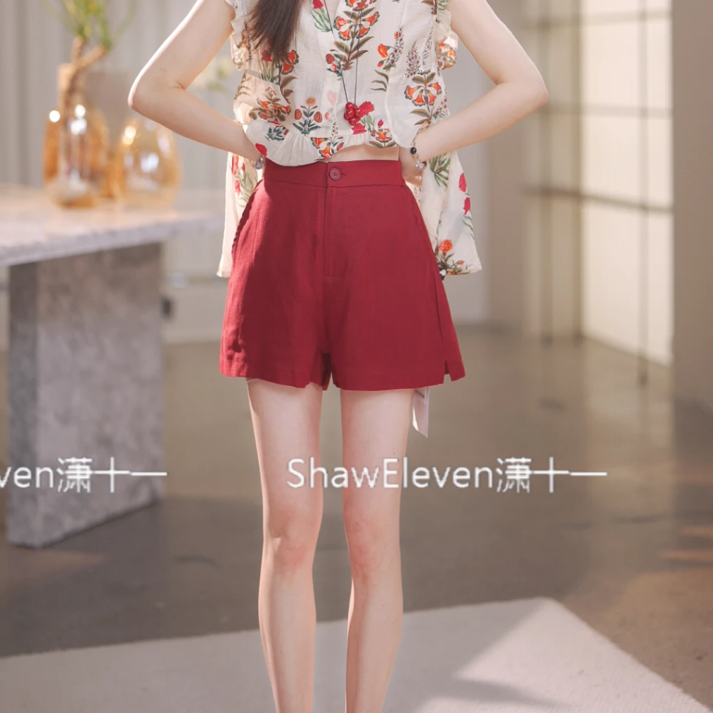 活力女孩【ShawEleven】2025年夏装女装法式侧开叉酒红色短裤770111