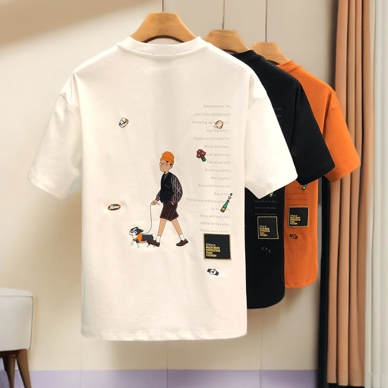 卡通刺绣男士短袖t恤男高端潮牌半袖男式T恤衫潮流宽松男式上衣服
