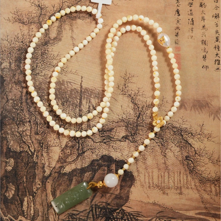 【老掌柜讲珠宝】蜜蜡白蜜和田玉牡丹花牌Y字链 M060520