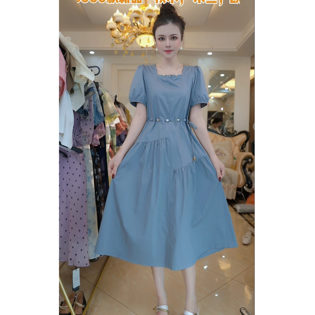 （赠送运费险）爆款气质简单大方的连衣裙女夏方领短袖a字裙子A5239