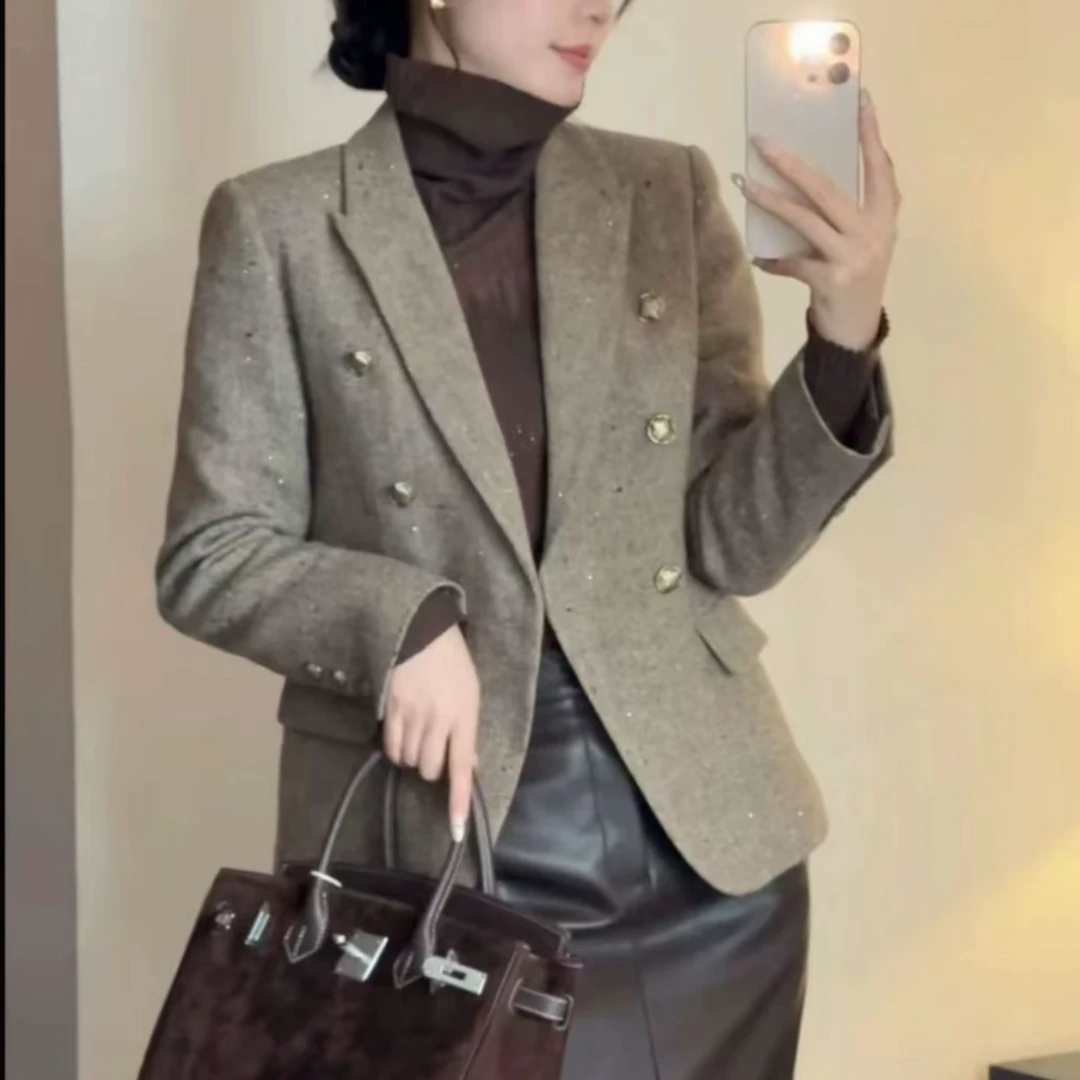 秋季设计感羊毛双排扣戗驳领加羊毛棉西装