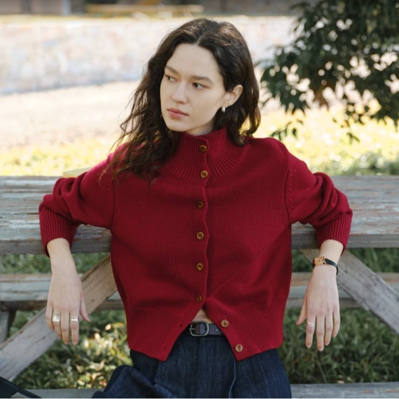 CIRCLOFY瑟夕城市植物系高领羊毛针织开衫COUD142636