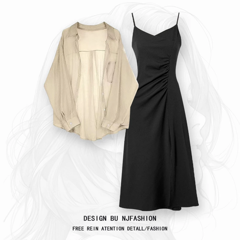 春季套装女2025新款大码穿搭防晒雪纺衬衫上衣配吊带连衣裙两件套