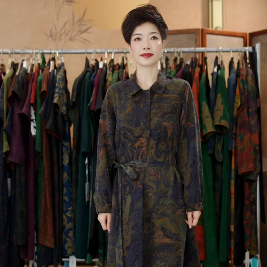 叶辰甄选香云纱 长袖墨池老料龟裂纹连衣裙(25067油墨长袖)