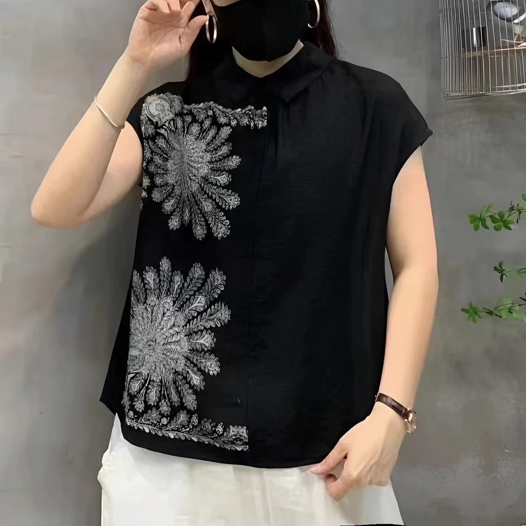 2025夏季两面穿时尚薄款衬衫百搭气质上衣中式印花短袖小衫