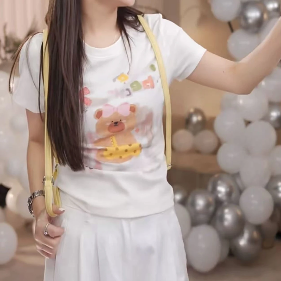 韩版可爱小熊印花短袖T恤女2025夏季新款少女风时尚套头减龄上衣
