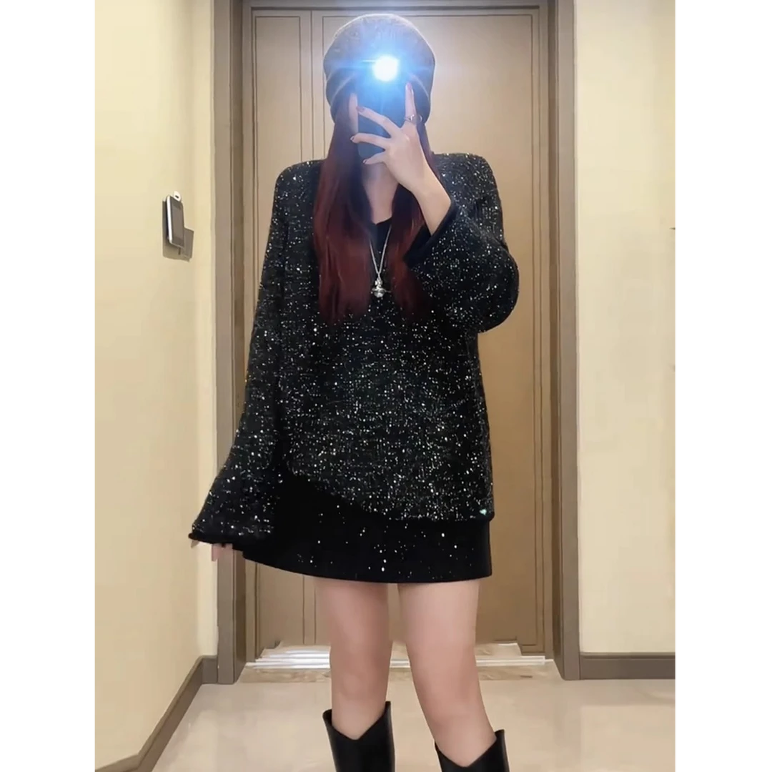 大码高级感欧货亮片细闪V领毛衣女冬季胖mm宽松显瘦洋气外穿上衣