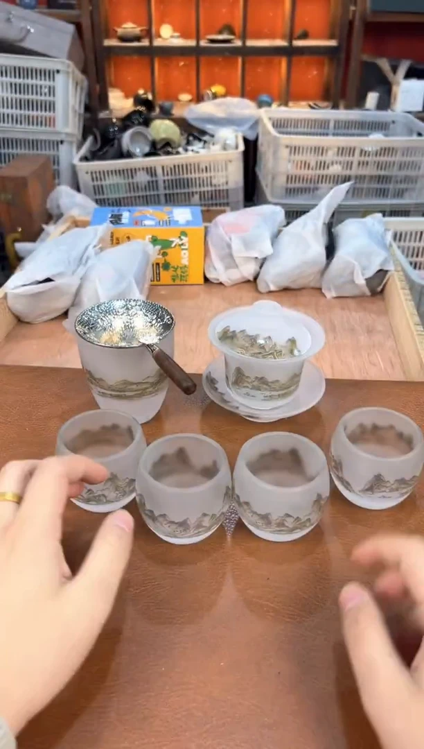 千里江山琉璃+茶漏+茶盘