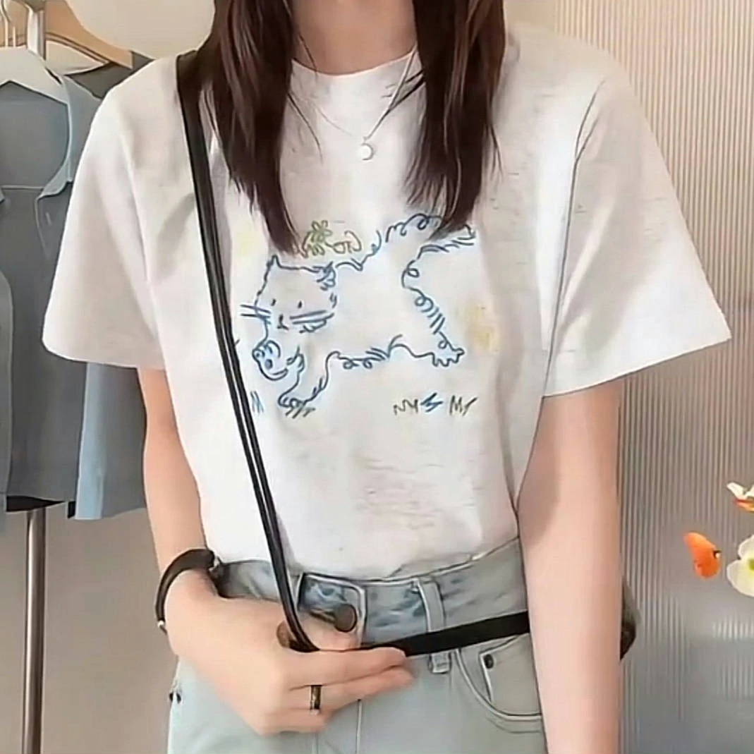 猫咪印花正肩短袖T恤女2025新款夏季韩系时尚设计感休闲ins上衣