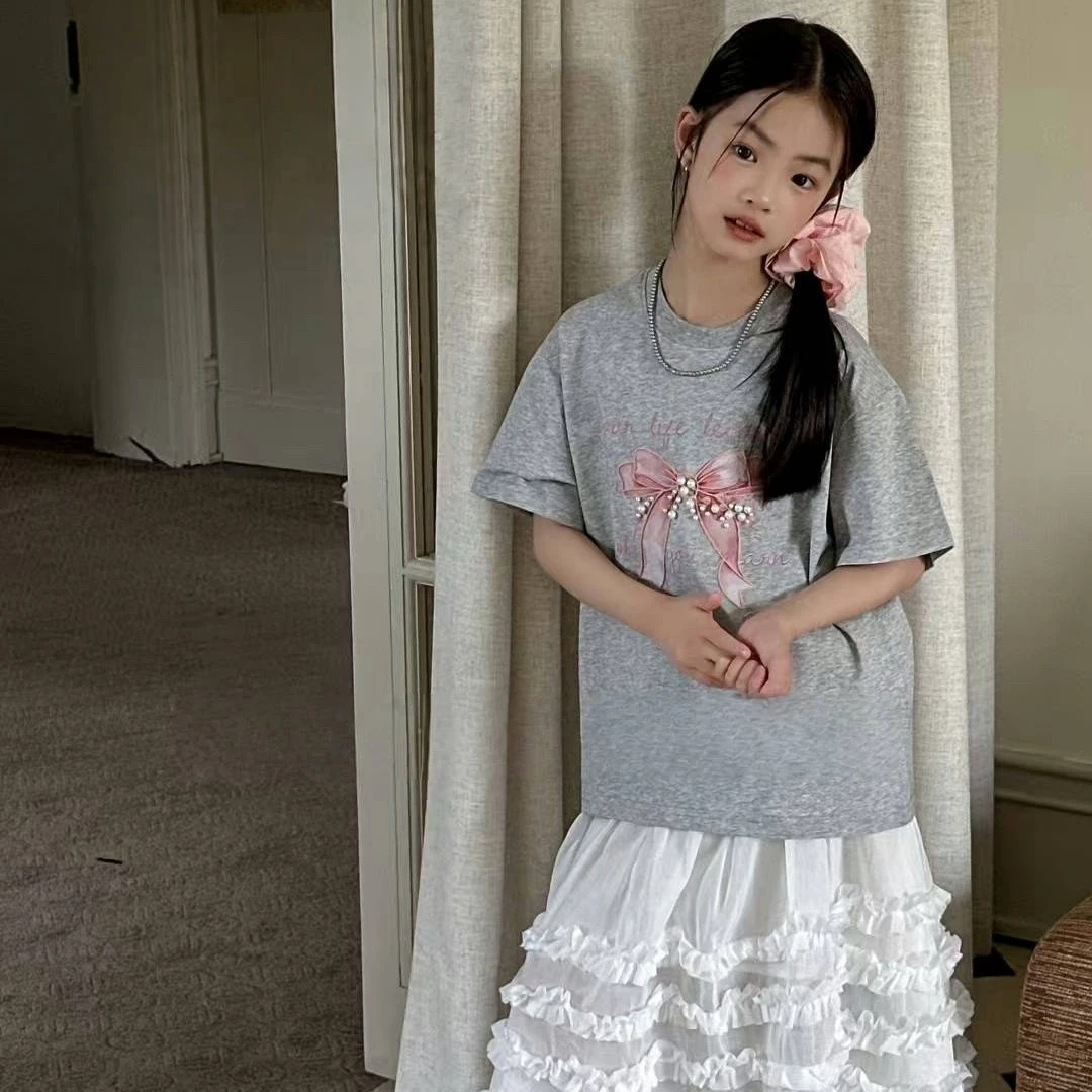 2025夏季新品中大女童韩版宽松蝴蝶结订珠圆领短袖T恤25791