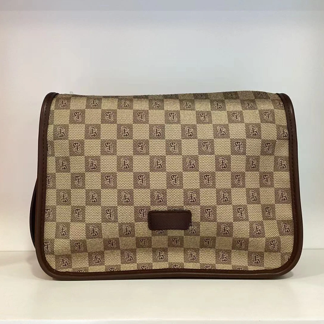 斜挎包咖色双根拉链多层款耐磨格纹棕色做旧PBK48 9/8 2