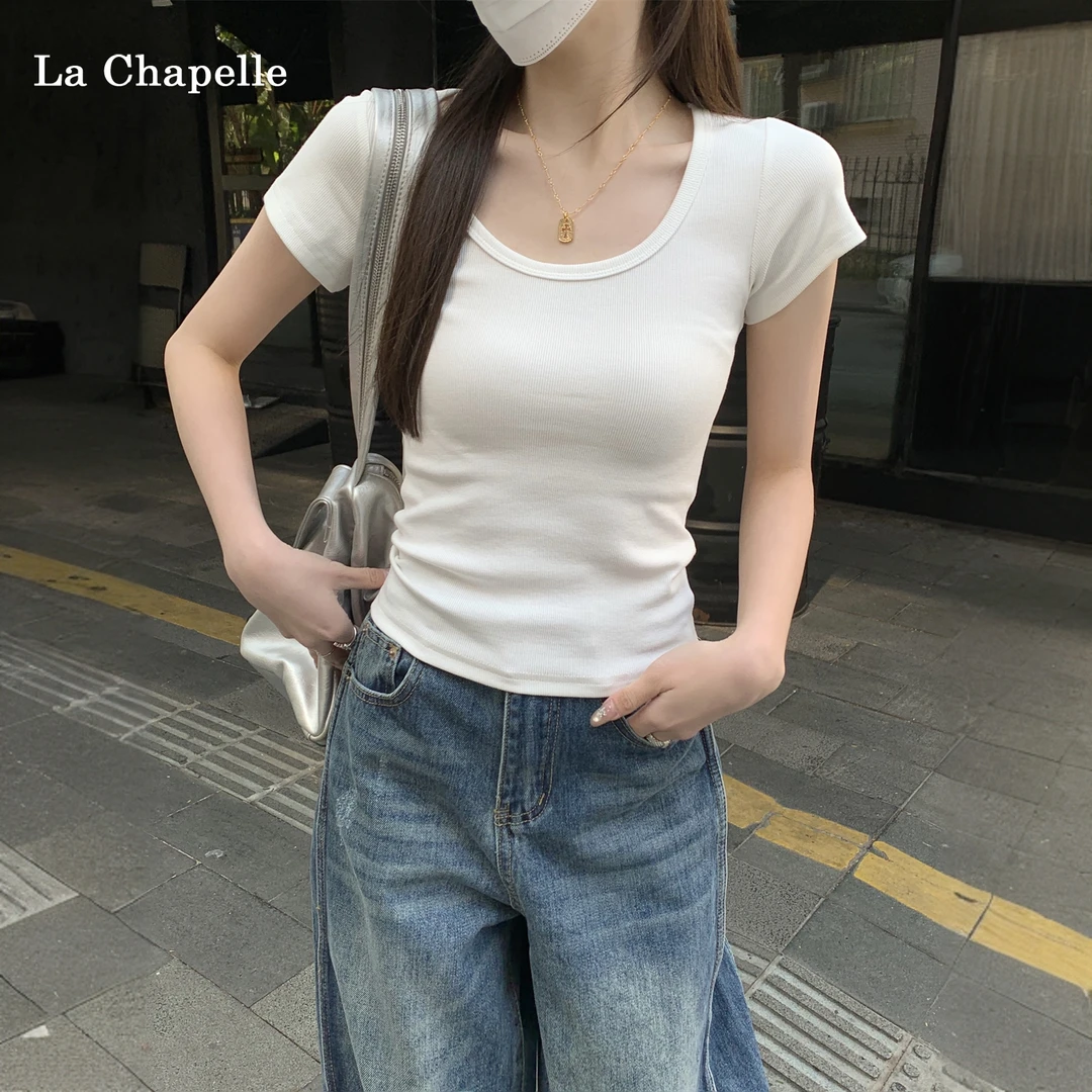 拉夏贝尔纯欲风u领气质修身T恤女春夏季韩版百搭显瘦简约短袖上衣