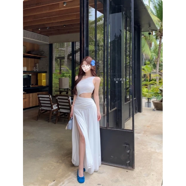 斜肩无袖连衣裙女夏季设计感镂空开叉a字裙子海边度假风长裙1180