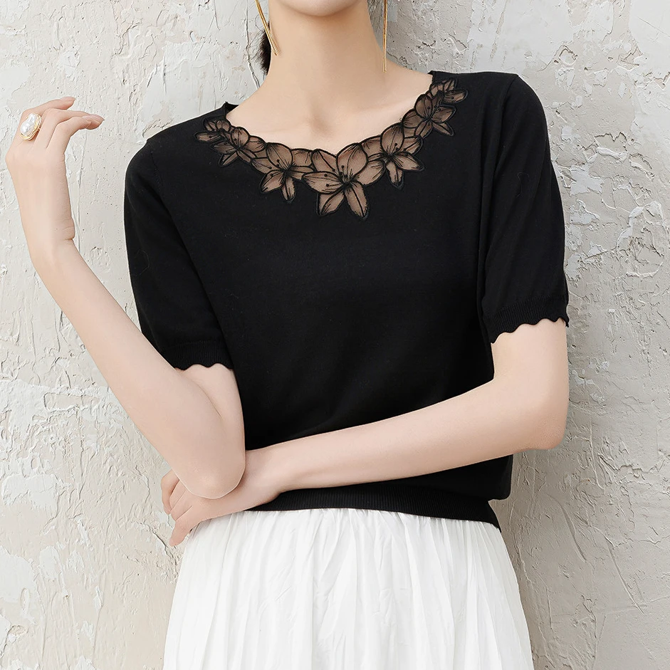 花朵针织衫镂空百搭植物花卉夏季显瘦女纯色