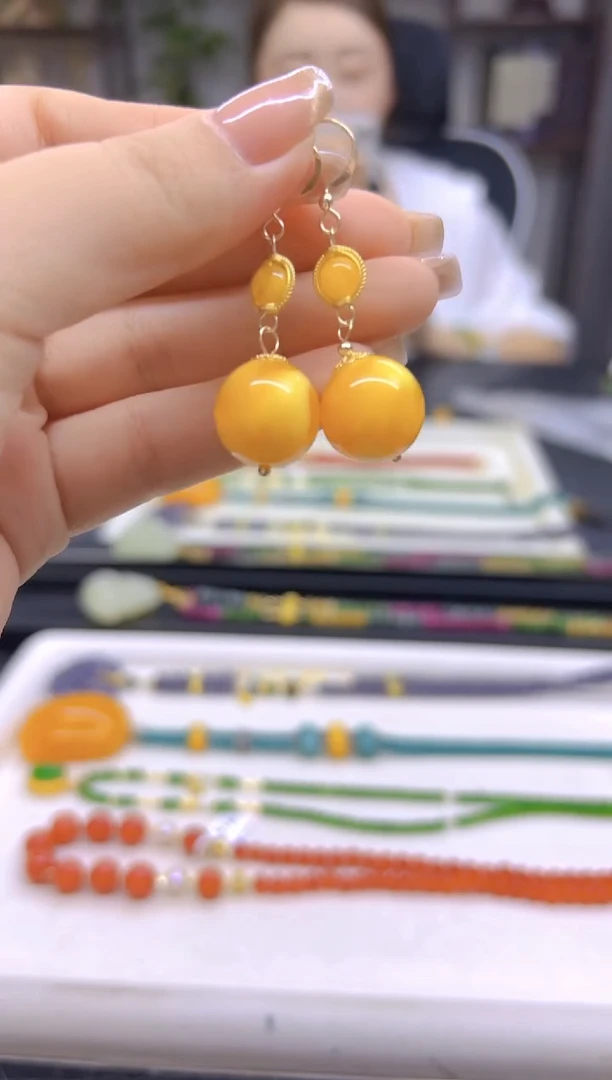 14K金镶嵌蜜蜡耳饰DIY款E496