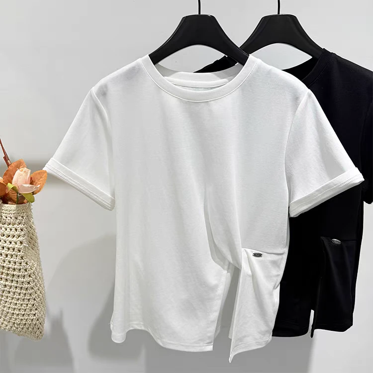 常规夏季圆领上衣宽松ins宽松圆领时尚纯色3D短款显瘦T恤短袖