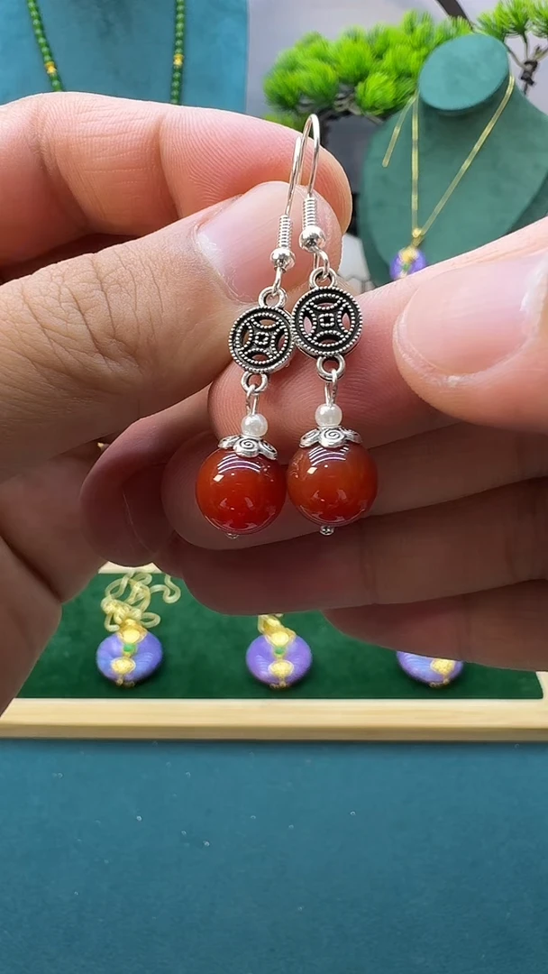 南红玛瑙银S925镶嵌耳饰E171