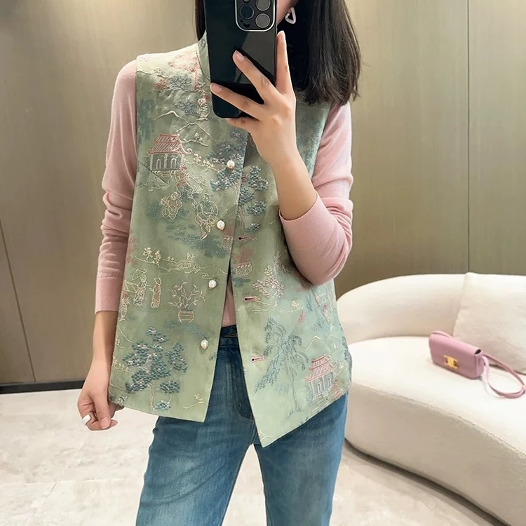 新中式国风亭台楼阁真丝花螺马甲上衣女----200