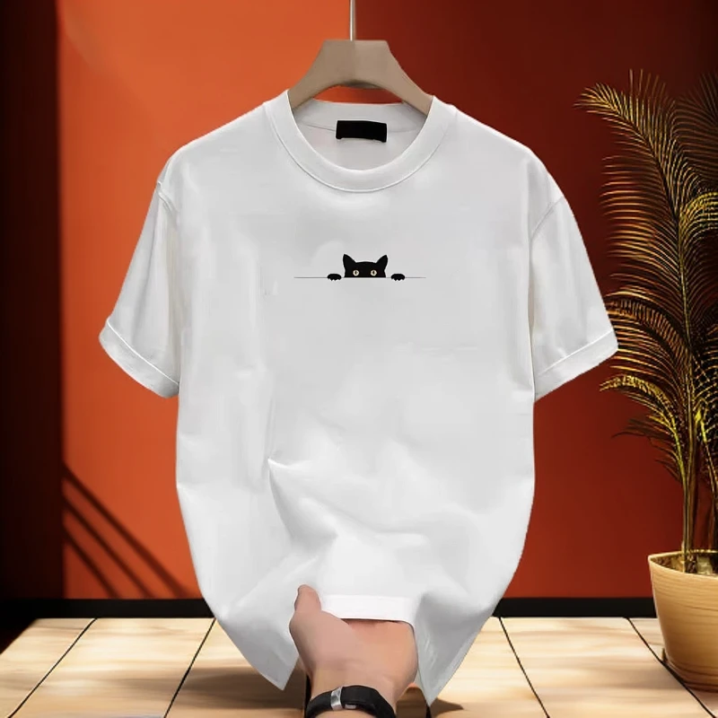仓石一树潮牌夏季圆领小猫咪印花男士人短袖T恤纯棉情侣装半袖女