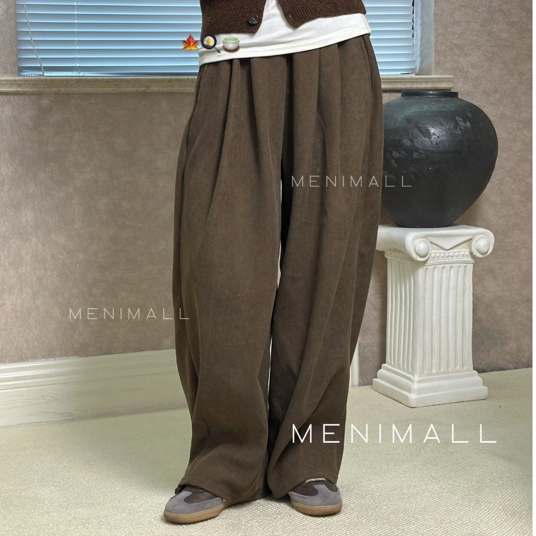 MENIMALL “秋日黄昏 ”细条灯芯绒高腰阔腿休闲显瘦裤复古