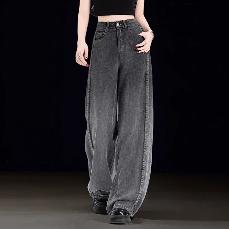 黑色牛仔裤阔腿裤女款爆款2025新款夏季冰丝垂感高腰显瘦直筒长裤