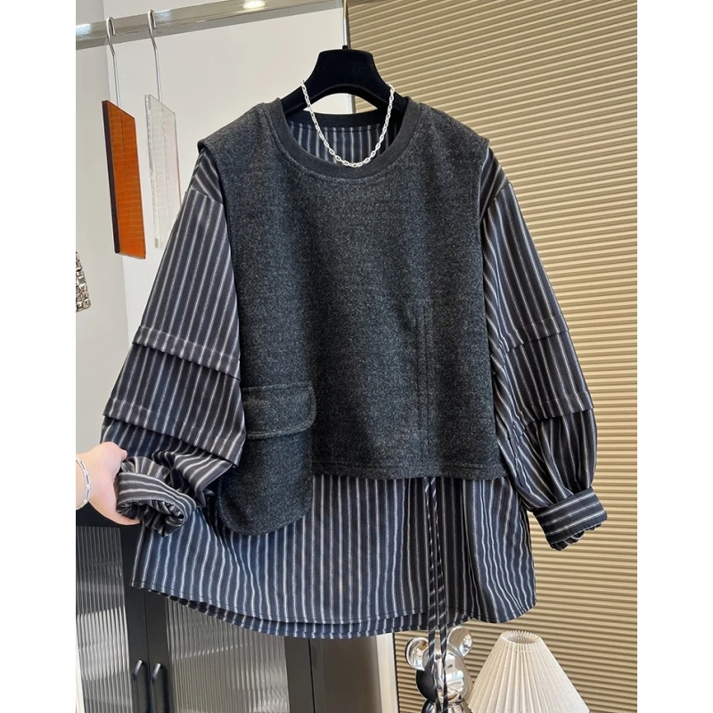 假两件条纹拼接设计卫衣宽松慵懒上衣女2025早秋新款圆领长袖小衫