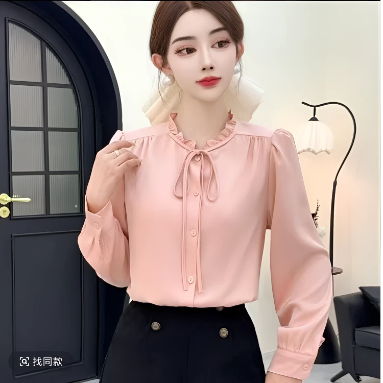 2710木耳洋气修身长袖秋季仙女风系带衬衫百搭显瘦衬衣