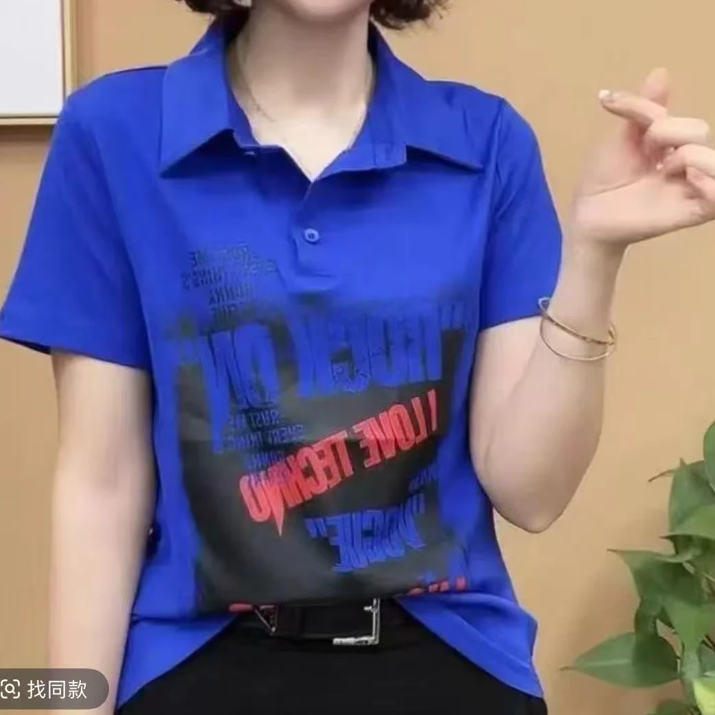 夏季新款翻领纽扣印花薄款小衫时尚短袖8933