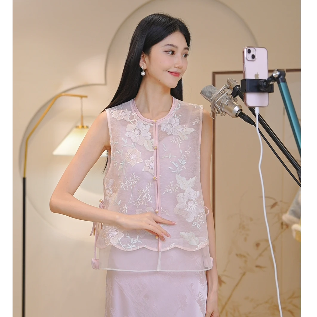 山有色提花中国风新中式薄款圆领植物花卉夏季马甲7181